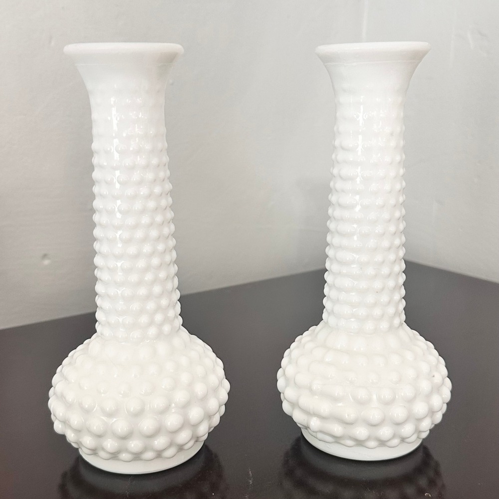 Vintage EO Brody White Milk Glass Hobnail Bud Vases Set of 2 Made In USA